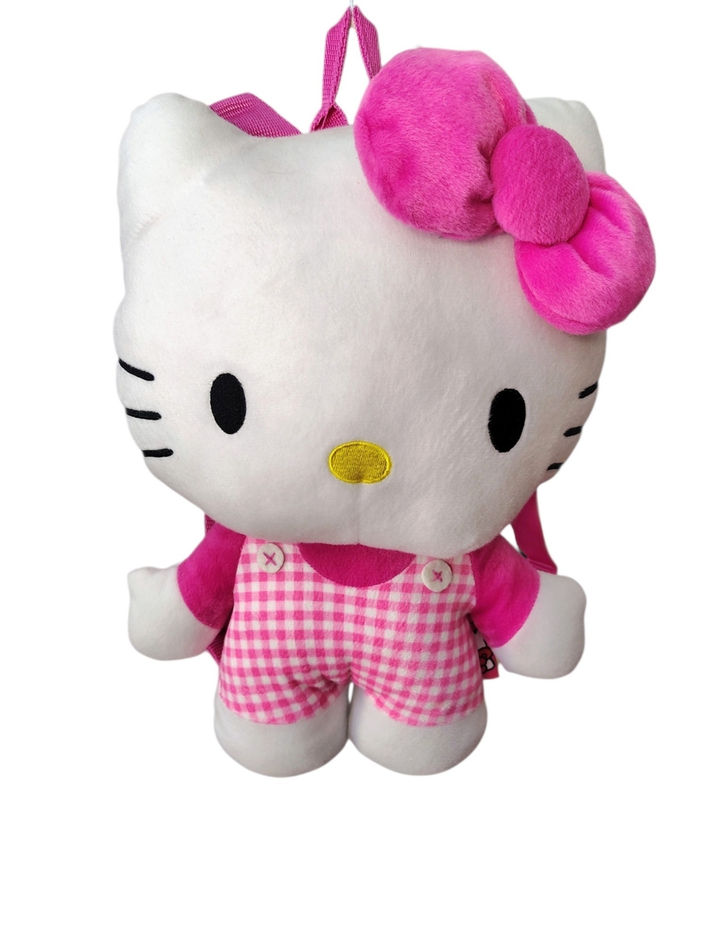 Hello Kitty Plush Backpack in Pink and White with Checkered Overalls